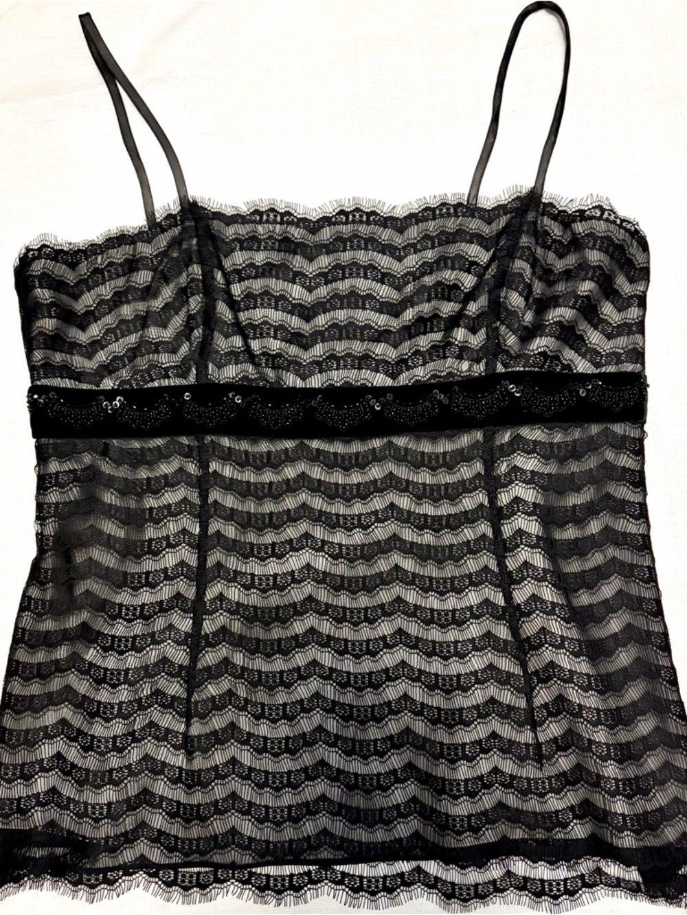Ann Taylor Black Lace Camisole Size 8 Sheer Velvet Trim Feminine Top